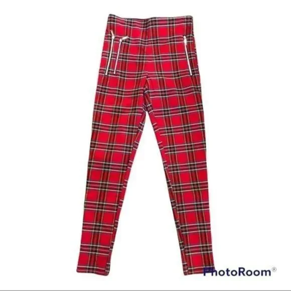 Zara red plaid zipper front pull on skinny pants xs - Picture 2 of 9